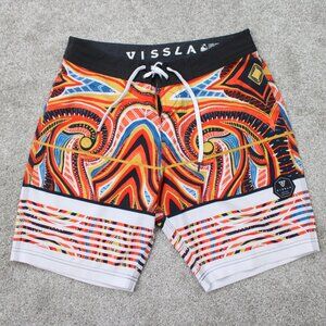 Vissla Dredges Boardshorts Mens 28‎ Orange & Blue Swim Trunks Drawstring Stretch